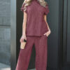 Burgundy Twisted Ribbed High Neck Loose Tee Elastic High Waist Loose Pant Set