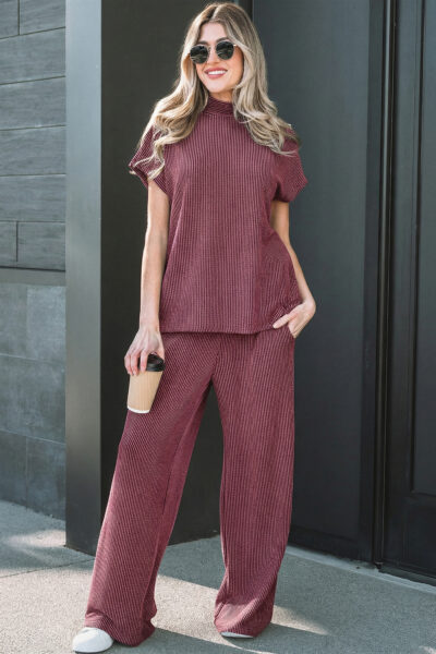 Burgundy Twisted Ribbed High Neck Loose Tee Elastic High Waist Loose Pant Set