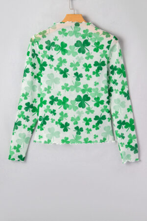 Green Lucky Shamrock Lettuce Trim High Neck Mesh Long Sleeve Top - Image 4