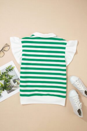 Green Stripe Collar V Neck Ruffled Short Sleeve Blouse - Image 5
