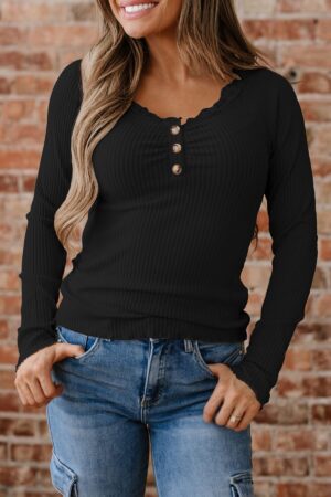 Black Lace Neckline Button Decor Lettuce Edge Long Sleeve Ribbed Top - Image 20