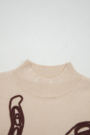 Parchment Corded Horseshoes Ribbed Trim Mock Neck Short Sleeve Sweater - Image 3