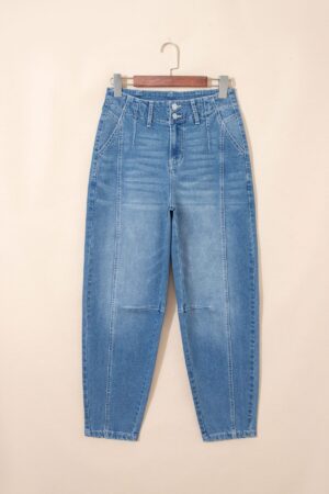Sky Blue Medium Wash Cuffed Barrel Jeans - Image 6