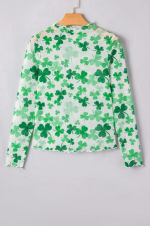 Green Lucky Shamrock Lettuce Trim High Neck Mesh Long Sleeve Top - Image 3