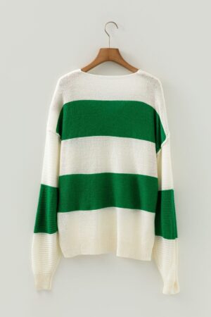 Green Stripe Loose Color Block Drop Shoulder Bubble Sleeve Sweater - Image 5