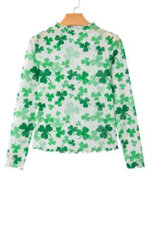 Green Lucky Shamrock Lettuce Trim High Neck Mesh Long Sleeve Top - Image 10