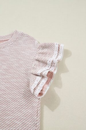 Light Pink Twilled Print Lace Trim Ruffled Short Sleeve Blouse - Image 8
