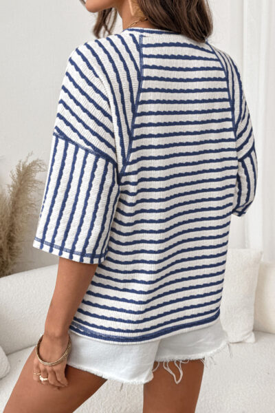 Alternative view of Blue Stripe Textured Knit Split Hem Half Sleeve Loose Top