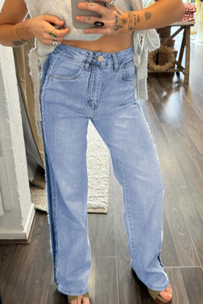 Alternative view of Beau Blue Contrast Stripe Frayed Side Panel Patchwork Shift Jeans