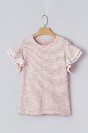 Light Pink Twilled Print Lace Trim Ruffled Short Sleeve Blouse - Image 5