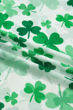 Green Lucky Shamrock Lettuce Trim High Neck Mesh Long Sleeve Top - Image 9