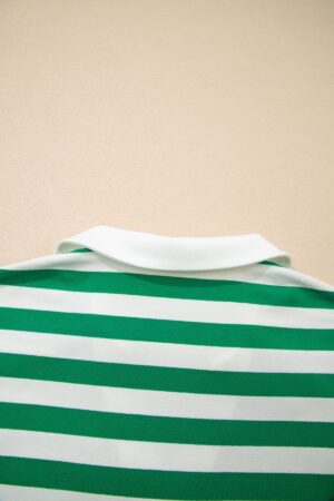 Green Stripe Collar V Neck Ruffled Short Sleeve Blouse - Image 8