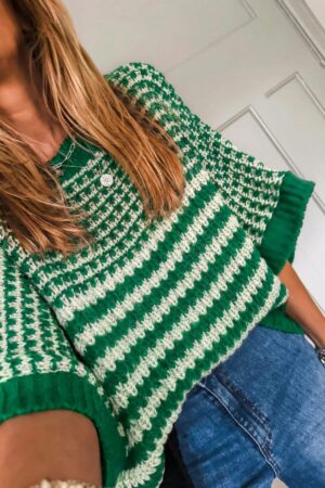 Green Stripe 3/4 Draped Sleeve Slouchy Sweater - Image 3