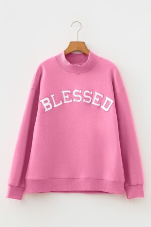 Bright Pink Oversize Blessed Embroidered Mock Neck Sweatshirt - Image 5