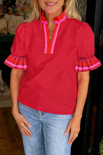 Fiery Red Striped Frilled Collar Ruffled Short Sleeve Blouse
