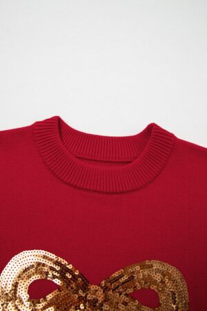 Fiery Red Sequined Bow Graphic Christmas Holiday Sweater - Image 13
