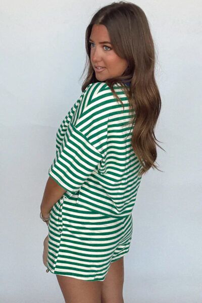 Alternative view of Green Stripe Drop Shoulder Boxy Casual Terry Short Set