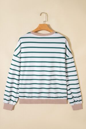 White Stripe Twisted Ribbed Patchwork Drop Shoulder Round Neck Sweatshirt - Image 7