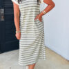 Green Stripe Collared V Neck Short Sleeve T Shirt Midi Dress with Pockets