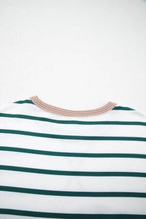 White Stripe Twisted Ribbed Patchwork Drop Shoulder Round Neck Sweatshirt - Image 9