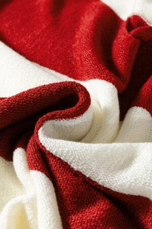 Red Stripe Loose Color Block Drop Shoulder Bubble Sleeve Sweater - Image 6
