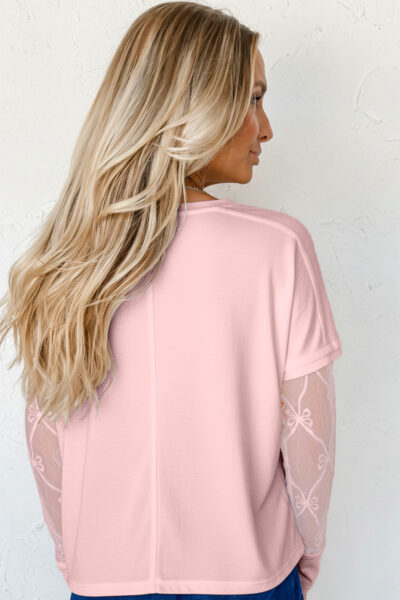 Alternative view of Light Pink Solid Color Bow Textured Patchwork Long Sleeve Tee