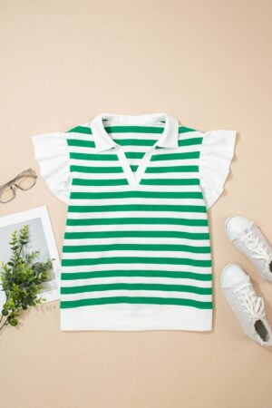 Green Stripe Collar V Neck Ruffled Short Sleeve Blouse - Image 4