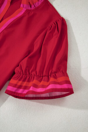 Fiery Red Striped Frilled Collar Ruffled Short Sleeve Blouse - Image 8