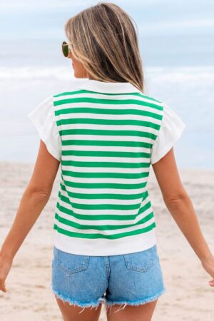 Green Stripe Collar V Neck Ruffled Short Sleeve Blouse - Image 2