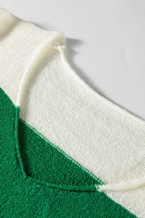Green Stripe Loose Color Block Drop Shoulder Bubble Sleeve Sweater - Image 8