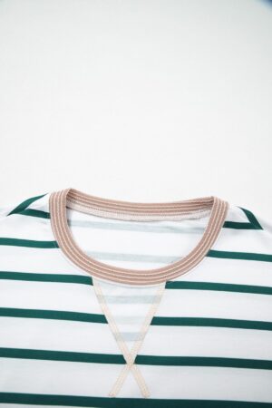White Stripe Twisted Ribbed Patchwork Drop Shoulder Round Neck Sweatshirt - Image 8