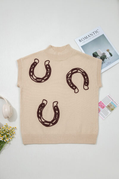 Parchment Corded Horseshoes Ribbed Trim Mock Neck Short Sleeve Sweater