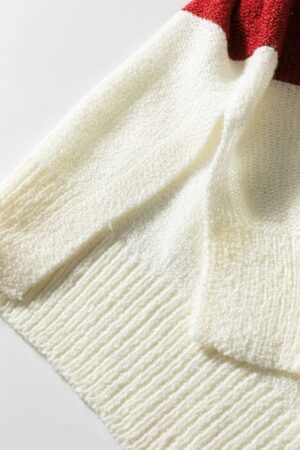 Red Stripe Loose Color Block Drop Shoulder Bubble Sleeve Sweater - Image 9