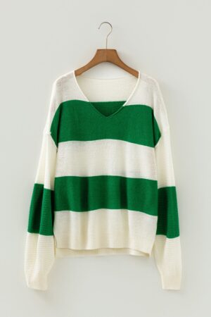 Green Stripe Loose Color Block Drop Shoulder Bubble Sleeve Sweater - Image 4