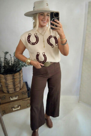 Parchment Corded Horseshoes Ribbed Trim Mock Neck Short Sleeve Sweater - Image 8