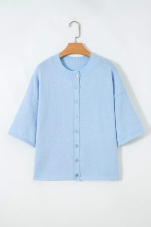 Beau Blue 3/4 Sleeve Boxy Knit Button Down Sweater Cardigan - Image 13