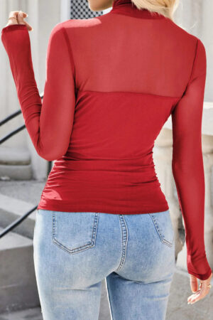 Fiery Red Sheer Mesh Patchwork High Neck Long Sleeve Top - Image 2