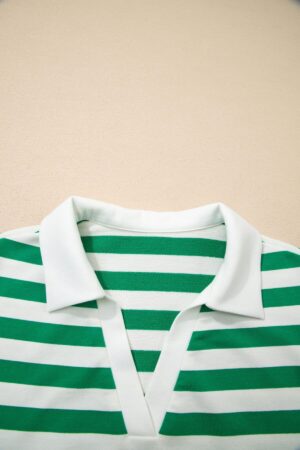 Green Stripe Collar V Neck Ruffled Short Sleeve Blouse - Image 6