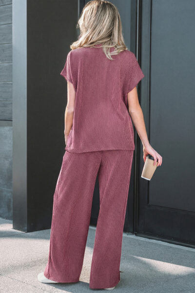 Alternative view of Burgundy Twisted Ribbed High Neck Loose Tee Elastic High Waist Loose Pant Set