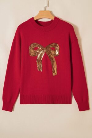 Fiery Red Sequined Bow Graphic Christmas Holiday Sweater - Image 11