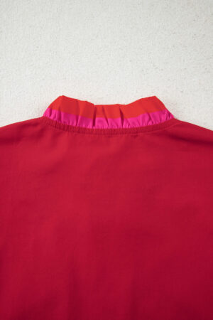 Fiery Red Striped Frilled Collar Ruffled Short Sleeve Blouse - Image 5
