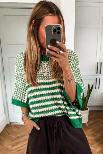 Alternative view of Green Stripe 3/4 Draped Sleeve Slouchy Sweater