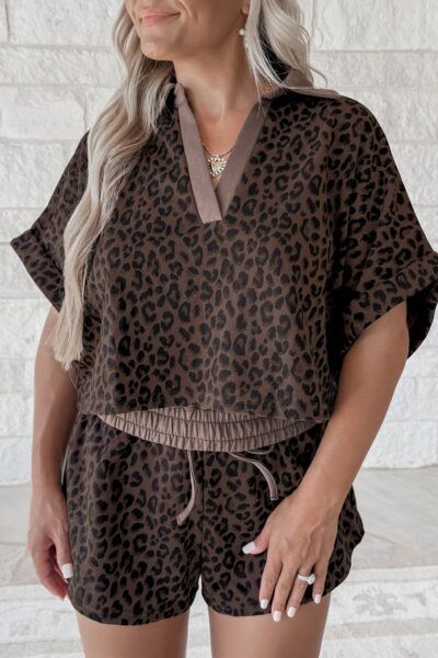 Brown V Neck Collar Leopard Printed 2pcs Short Set