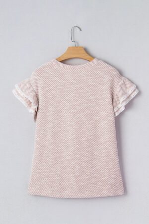 Light Pink Twilled Print Lace Trim Ruffled Short Sleeve Blouse - Image 6