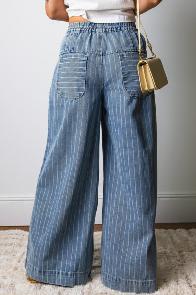 Alternative view of Sky Blue Stripe Button Pleated Drawstring Waist Casual Wide Leg Jeans