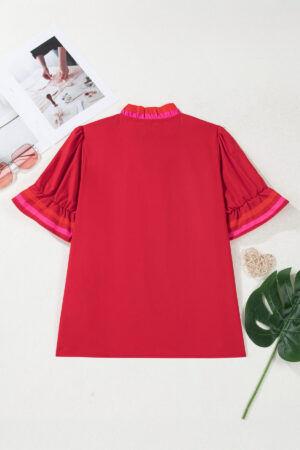 Fiery Red Striped Frilled Collar Ruffled Short Sleeve Blouse - Image 4