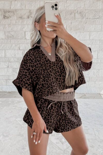 Alternative view of Brown V Neck Collar Leopard Printed 2pcs Short Set