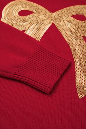 Fiery Red Sequined Bow Graphic Christmas Holiday Sweater - Image 15