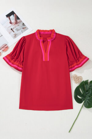 Fiery Red Striped Frilled Collar Ruffled Short Sleeve Blouse - Image 3