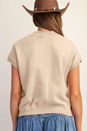 Parchment Corded Horseshoes Ribbed Trim Mock Neck Short Sleeve Sweater - Image 7